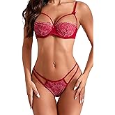 Nelibei Lingerie for Women Sexy 2 Piece,Lace Embroidery & Double Strap Lingerie Set,Push Up Bra and Thong Set for Women