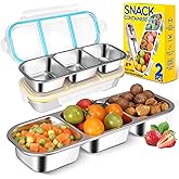 2Pack Stainless Steel Snack Containers for Kids Adults, Reusable 3 Compartment Snackle Box Container with Leakproof Lids Metal Bento Lunch Boxs Food Storage Containers for Travel Picnics Office School