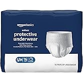 Amazon Basics Unisex Protective Underwear, Overnight Absorbency, Adult Incontinence Underwear with Advanced Odor Protection, Soft, Small/Medium, 16 Count