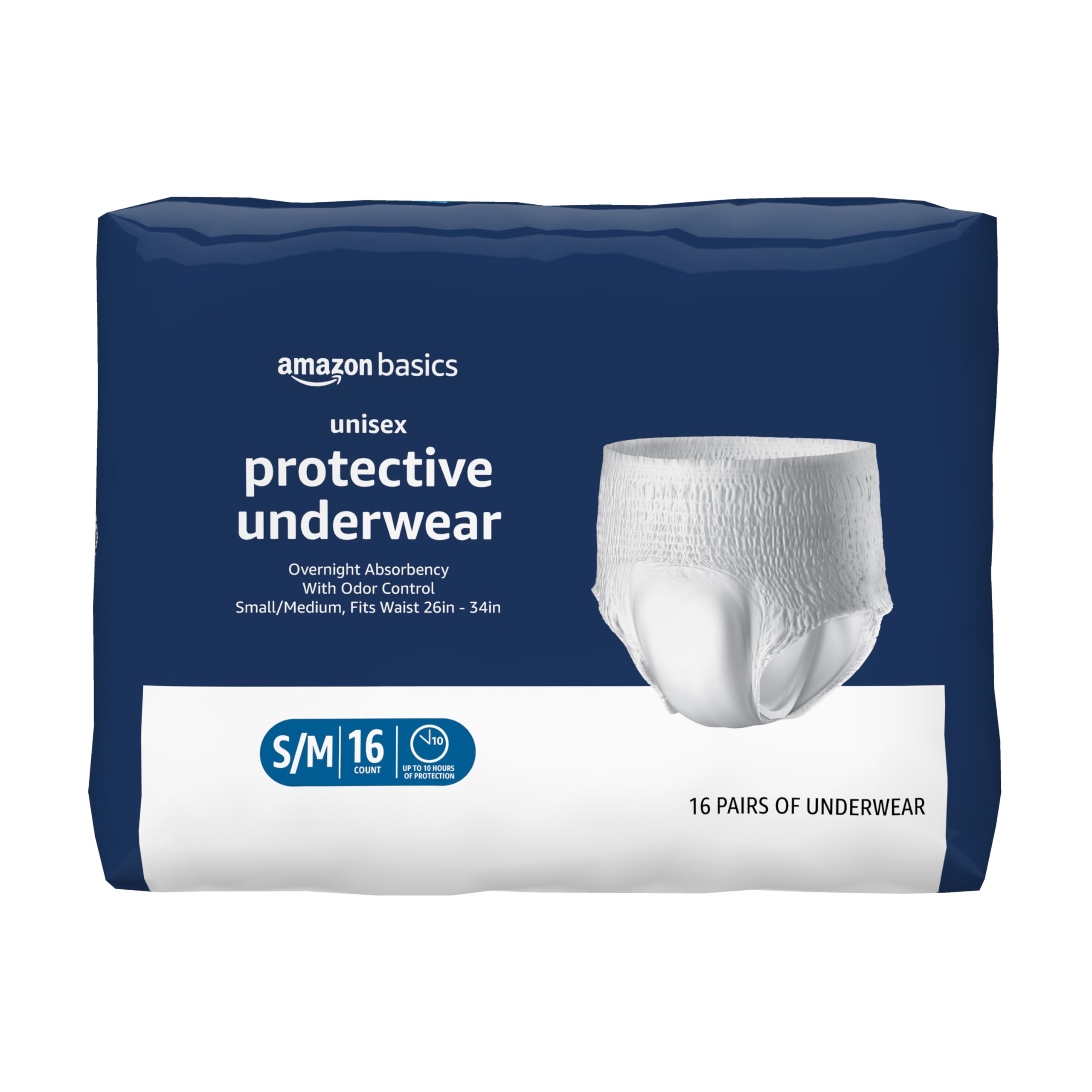 Photo 1 of Amazon Basics Unisex Protective Underwear, Overnight Absorbency, Small/Medium, 16 Count, (1 Pack of 16)