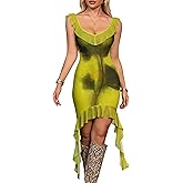 ABMOIU Women's Sexy V Neck Mini Dress Sleeveless Backless Ruffles Hem Mesh Bodycon Club Party Short Dresses