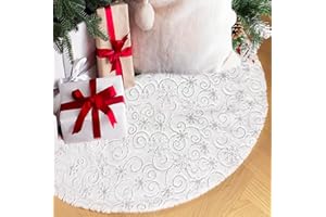 AOGU 48 Inch Sequin Faux Fur Christmas Tree Skirt for Christmas Tree Decorations White Plush Silver Sequin Snowflake Tree Skirt