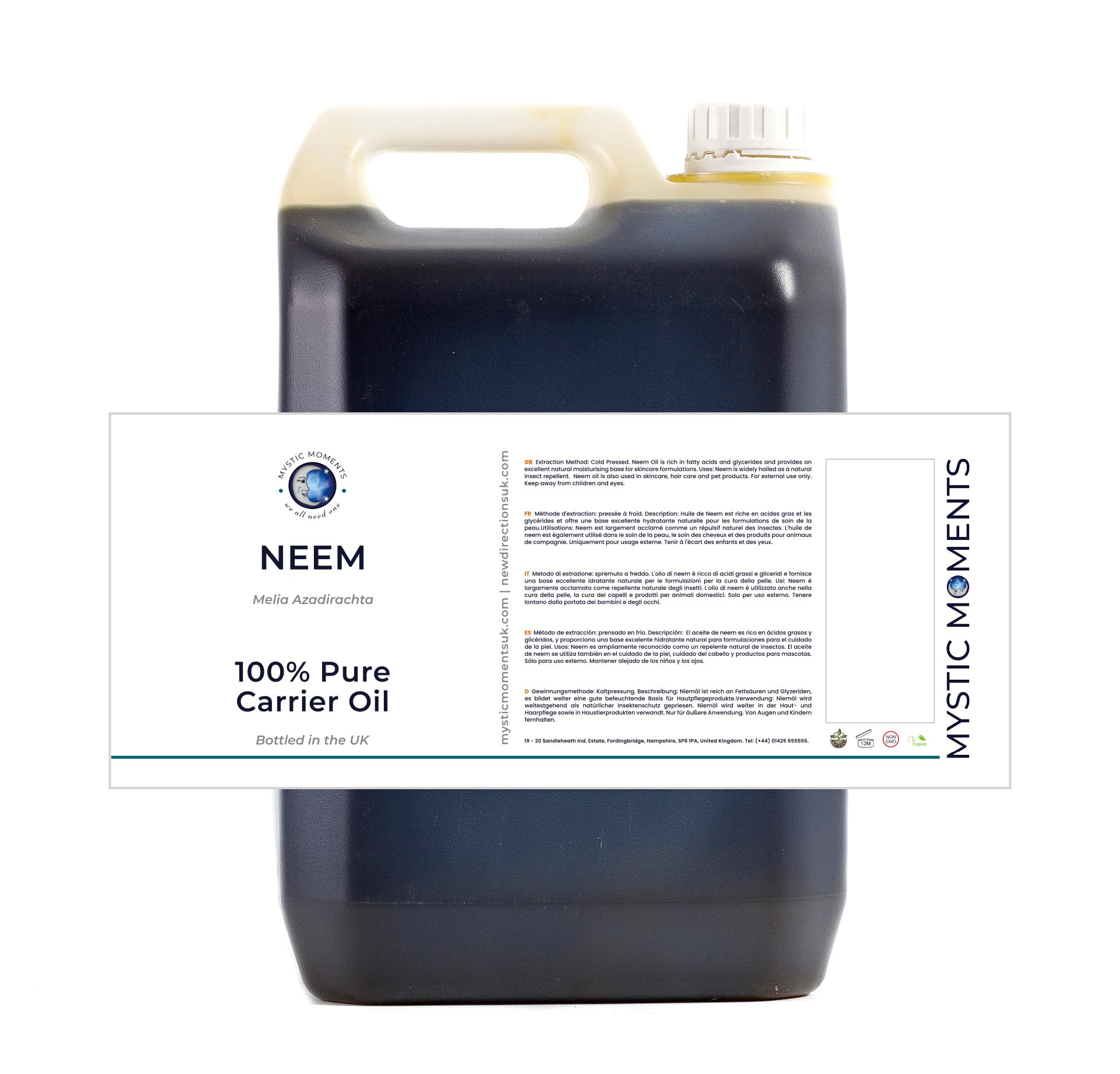 Mystic Moments| Neem Carrier Oil 5 Litres | Azadirachta indica | Nourishing Botanical Treatment for Skin & Hair Care | Natural Carrier for Massage, Aromatherapy & Cosmetic Formulations