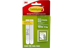 Command Narrow Picture Hanging Strips, Damage Free Hanging Picture Hangers, No Tools Wall Strips for Living Spaces, 12 White Adhesive Strip Pairs (24 Strips)