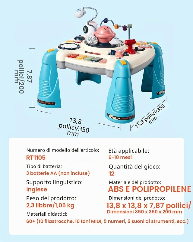 Tavolo Attività Giocattoli per Bambini 12 Giochi, con Modalità Pianoforte e Pulsante Percussioni, Scrivania per Attività a Forma di Astronave con Oltre 60 Sorgenti Sonore, Regalo di Compleanno