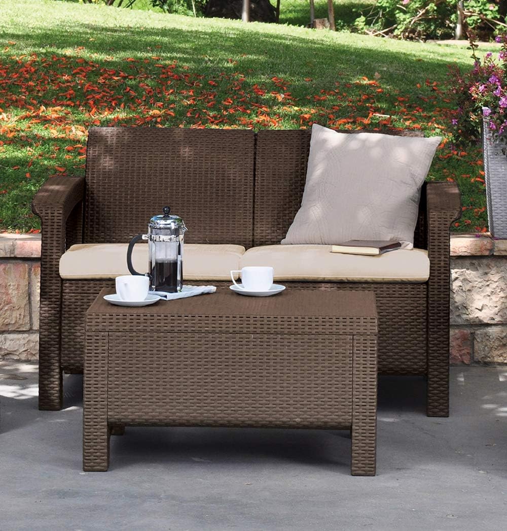 Keter Corfu Resin Wicker Outdoor Loveseat Patio Couch with Washable Cushions - Perfect for Balcony, Deck, and Poolside Seating and Furniture Sets, Brown : Patio Loveseats : Garden & Outdoor