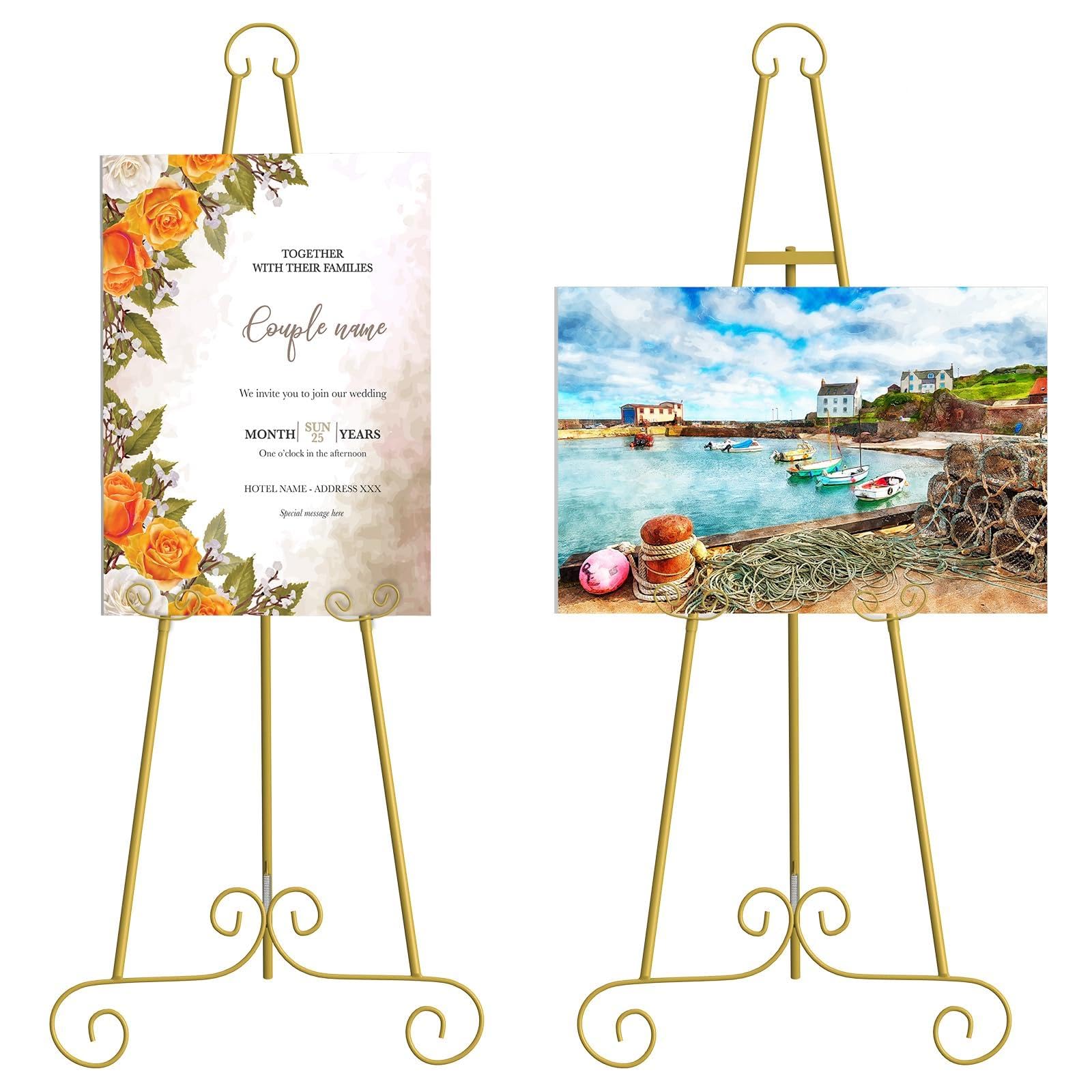 Photo 1 of 2 Pack Metal Round Tube Scroll Display Easel, Vintage Gold Decorative Large Adjustable Floor Standing Easel with Chain Support, Perfect for Showcasing Pictures, Artwork, Picture Frame Wedding Sign Etc