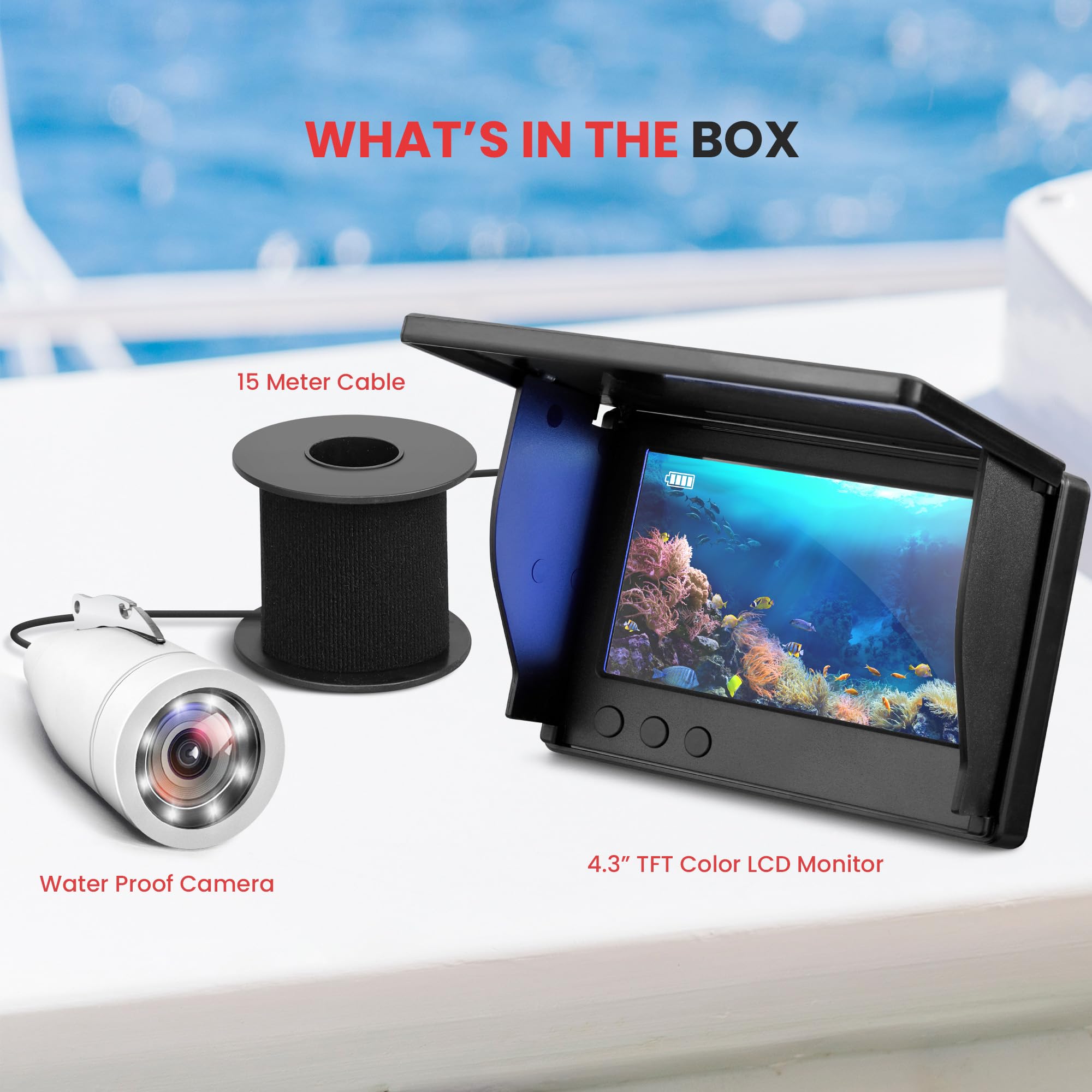 Pyle 4.3'' Portable LCD Monitor Underwater Fishing Camera - 1000TVL Waterproof Fish Finder with 12 Infrared LED Lights, IP68 Water-Resistant, Ice/Ocean/Lake Fishing, Carrying Case Included (Black)