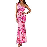 PRETTYGARDEN Womens Summer One Shoulder Maxi Dress 2026 Floral Sleeveless Bodycon Mesh Long Beach Vacation Sun Dresses