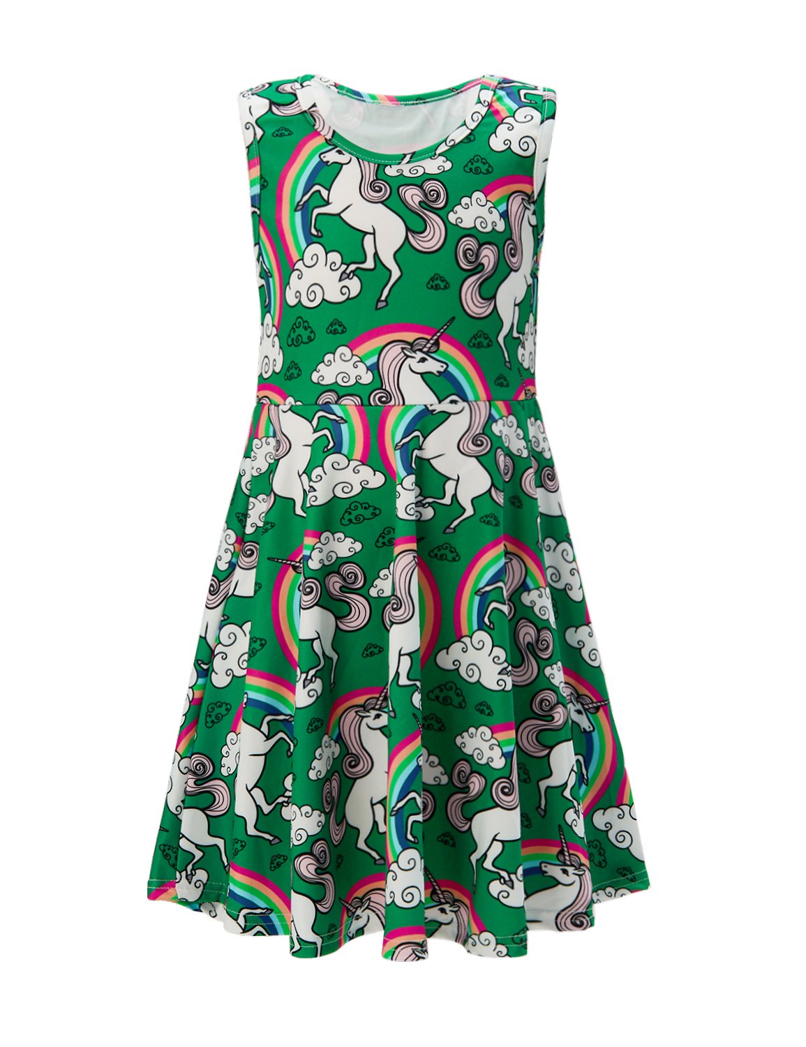 6t 7t Little Girl\'s Skater Dress Cartoon Unicorn Holiday Garments a line Girl\'s Wear Autumn Play Sundress 6 7 Yrs (Green Unicorn, 6-7 T)