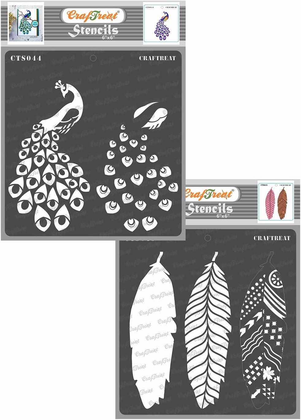 CrafTreat Layering Stencils for Card Making, Peacock and Feathers(2Pcs), Size: 6X6 Inches