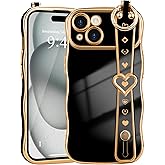 LLZ.COQUE for iPhone 15 Case for Women Girls, Wave Frame with Strap Cute Love-Heart Luxury Plating Curly Shape Cover Raised Camera Protection Shockproof Silicone Phone Case for iPhone 15, Black