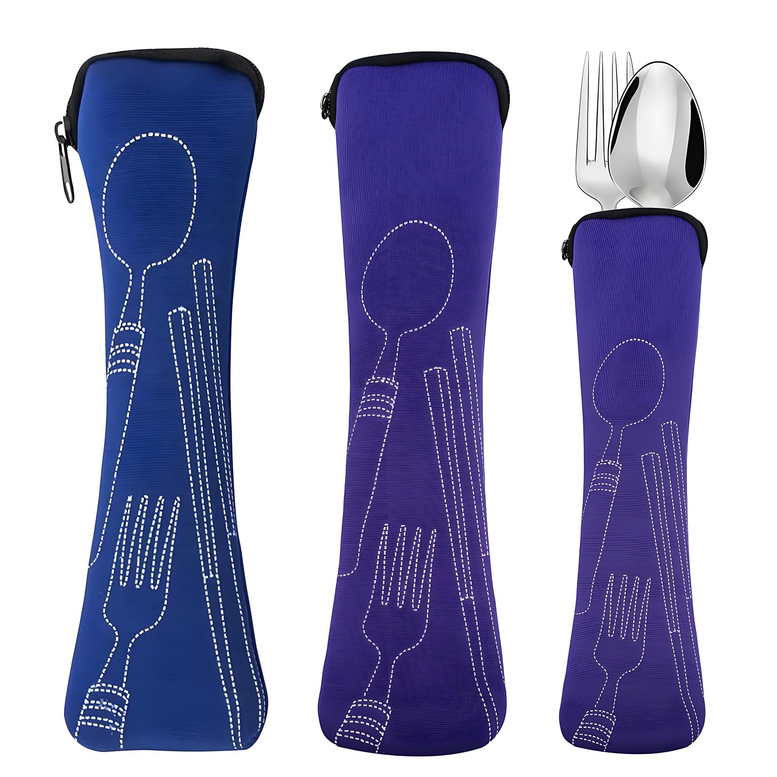 Empty Cutlery Bag, 2 Pieces Long Cutlery Pouch with Zip Portable Cutlery Case for Work School Camping Picnic Travel -Purple, Blue