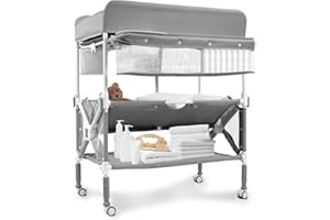 PEEKABU Portable Foldable Baby Changing Table Dresser Waterproof Diaper Changing Station with Wheels, Adjustable Height Changing Table Station Mobile Nursery Organizer for Newborn and Infant, Grey
