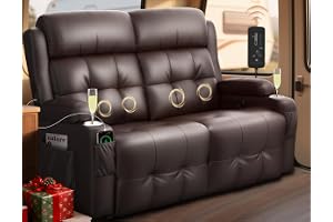 Tiooii RV Loveseat Recliner Sofa, Wall Hugger Reclining RV Couch with USB | RV Reclining Loveseat with Massage, Pocket, Cup Holder, 150° Recline for RV Furniture, Travel Trailers & Home Theater Seating
