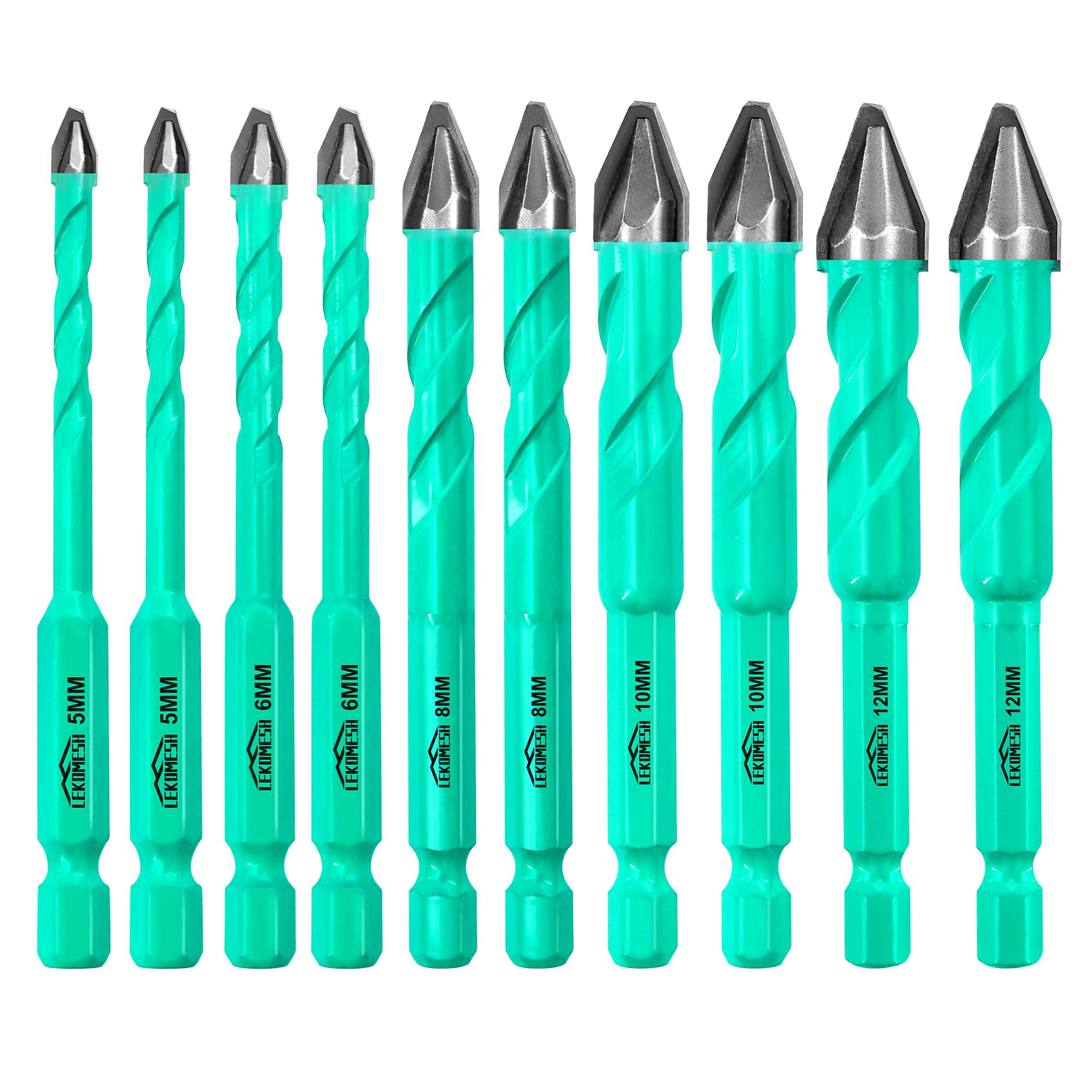 LEKOMESH Masonry Drill Bits Set - 10pcs 5mm*2+6mm*2+8mm*2+10mm*2+12mm*2 Concrete Drill Bits Set Ceramic Drill Bit for for Wood, Plastic, Masonry, Ceramic Tile, Marble, Glass, Quick Change Hex Shank