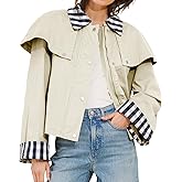 AIWUFLY Women’s Gingham Trim Cape Jacket Lightweight Cotton Cropped Trench Coat with Snap Button and Contrast Cuffs