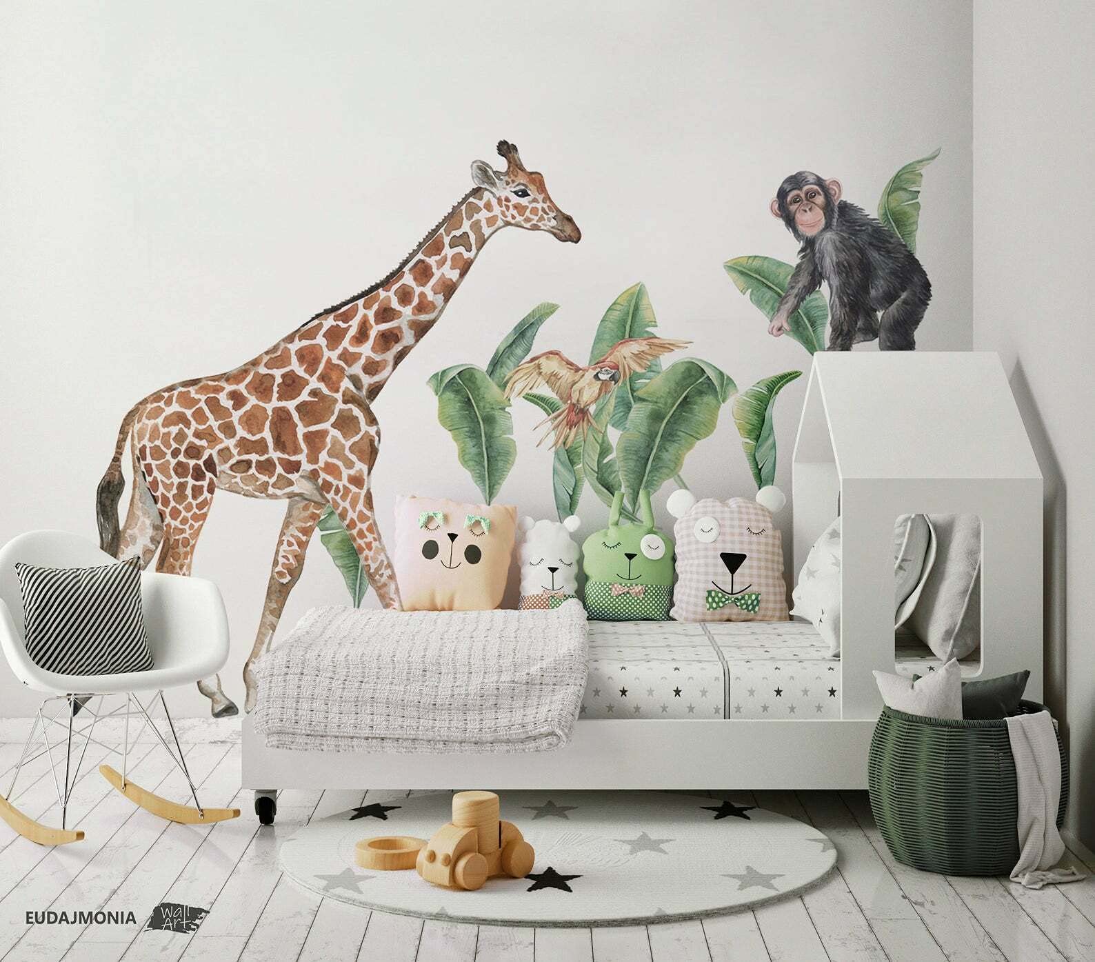 BelleImpression - Safari Animals Giraffe, Monkey & Parrot Wall Decal Set (105cm W x 165cm H) Watercolour Stickers Perfect for Nursery or Bedroom Decoration. Suitable for Kids, Toddler or Children.