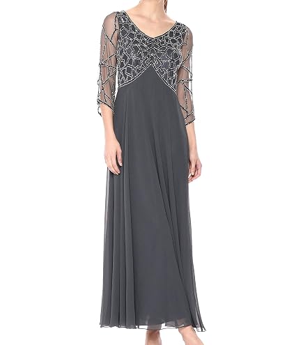 J Kara Women's 3/4 Sleeve Long Beaded Gown, Plum/Wine/Shaded, 6 : Clothing, Shoes & Jewelry