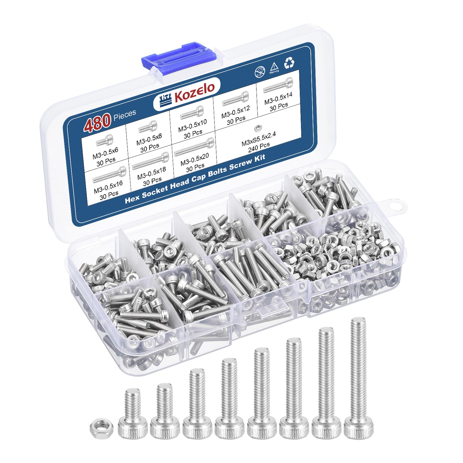 Kozelo 480pcs M3 Socket Head Cap Screws Bolts Nuts Assortment Kit - [M3x6/8/10/12/14/16/18/20mm] 304 Stainless Steel Allen Socket Drive for 3D Printer