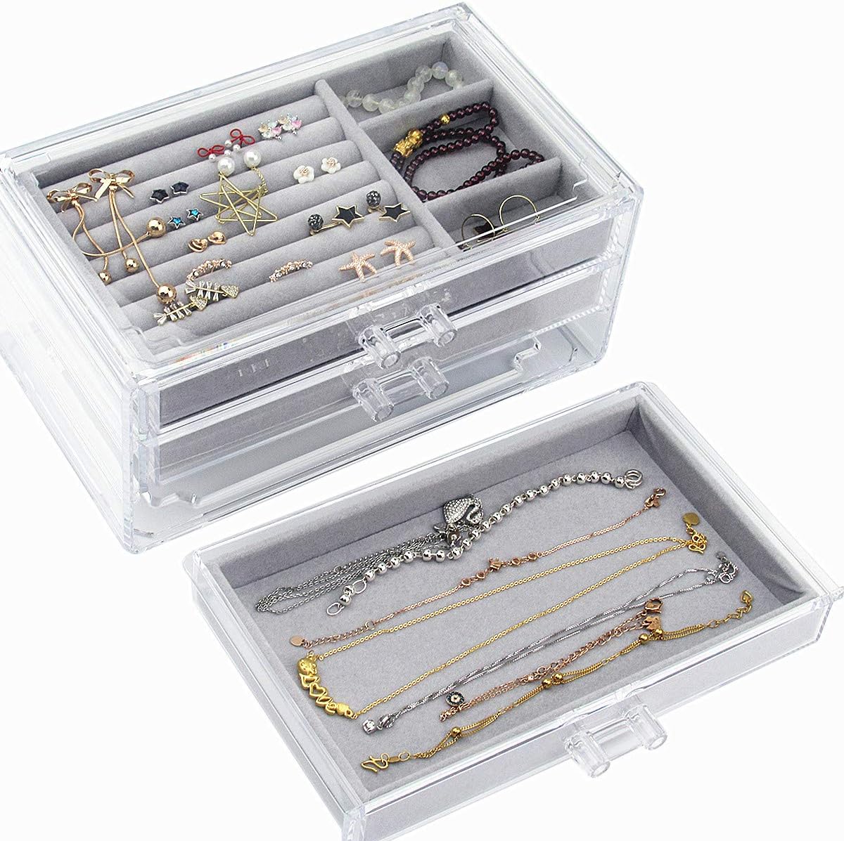 Acrylic Jewelry Box 3 Drawers, Velvet Jewellery Organizer, Earring Rings Necklaces Bracelets Display Case Gift for Women, Girls: Home Improvement