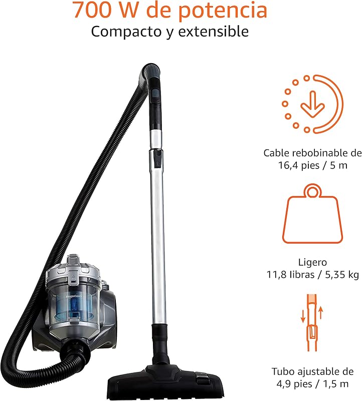 Potente aspirador de cilindro sin bolsa, para suelos duros y alfombras, filtro HEPA, compacto y ligero, 700 W, 1,5 l (UE), Negro — foto 4 de 8