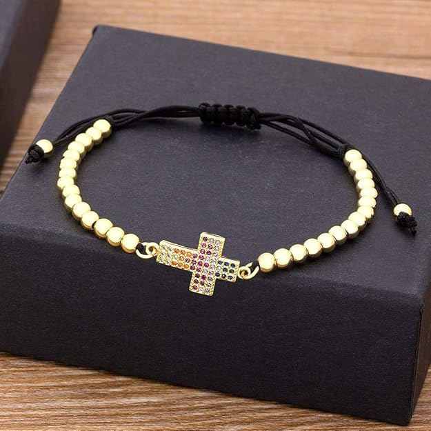 Neue Trendige Jesus Kreuz Armband 4mm Gold Cz Perlen Handgefertigte