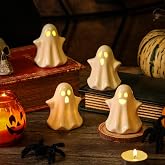 KORMMCO 4PCS Ceramic Ghost Light Up Decor, Ghost Halloween Decor | Small White Ghost Figurine Timer Led Ghost Figurines for Desk Tabletop Centerpieces, Halloween Decoration Indoor