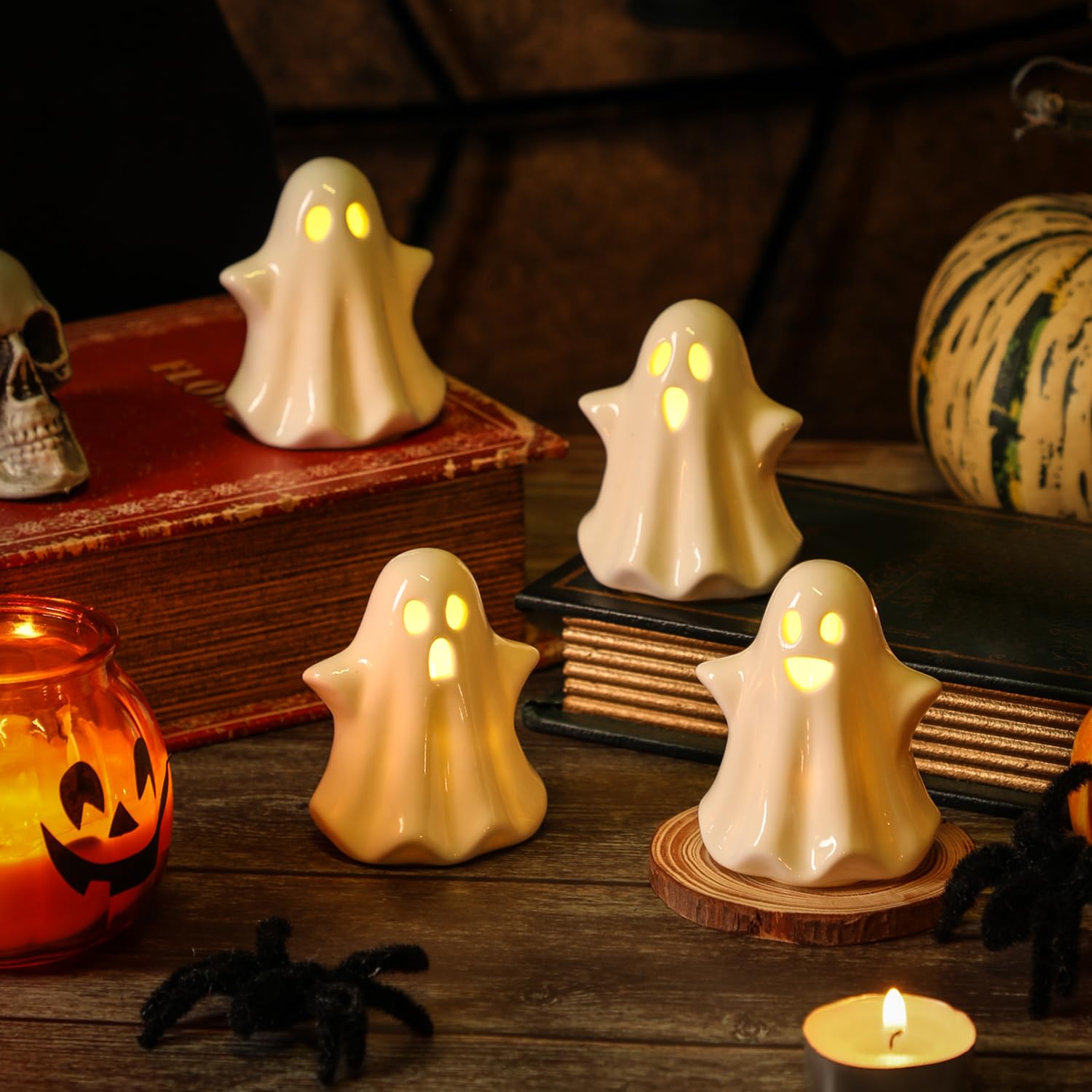 Photo 1 of 4PCS Ceramic Ghost Light Up Decor, Cute Ghost Halloween Decor, Small White Ghost Figurine Timer Led Ghost Figurines for Desk Tabletop Centerpieces?Halloween Decoration Indoor
