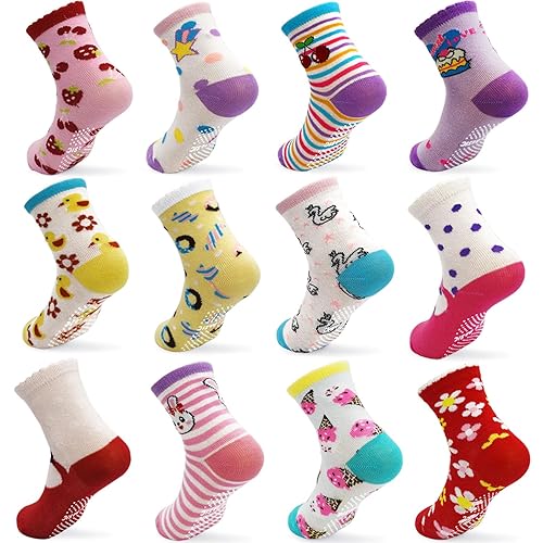 GRPSKCOS Toddler Non Slip Socks - 12 Pairs Anti Skid Kids Crew Socks for Boys Girls Children (#3 Strawberry Style, 5-7 Years)