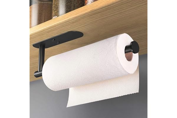HUFEEOH Black Adhesive Paper Towel Holder Under Cabinet Wall Mount for Kitchen Paper Towel, Stainless Steel Paper Towel Roll