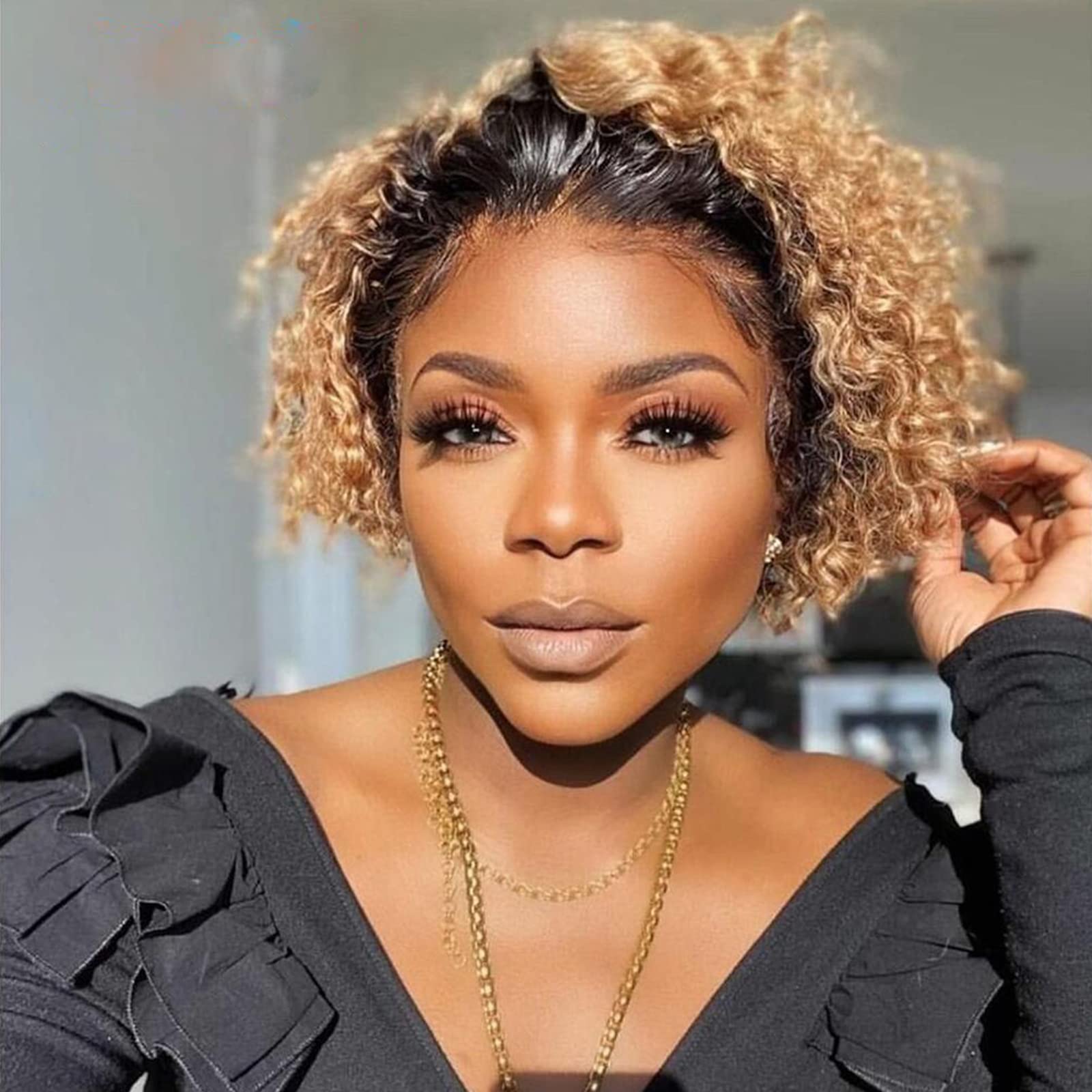 JulyQueen Honey Blonde Pixie Cut Wig Human Hair Lace Front 