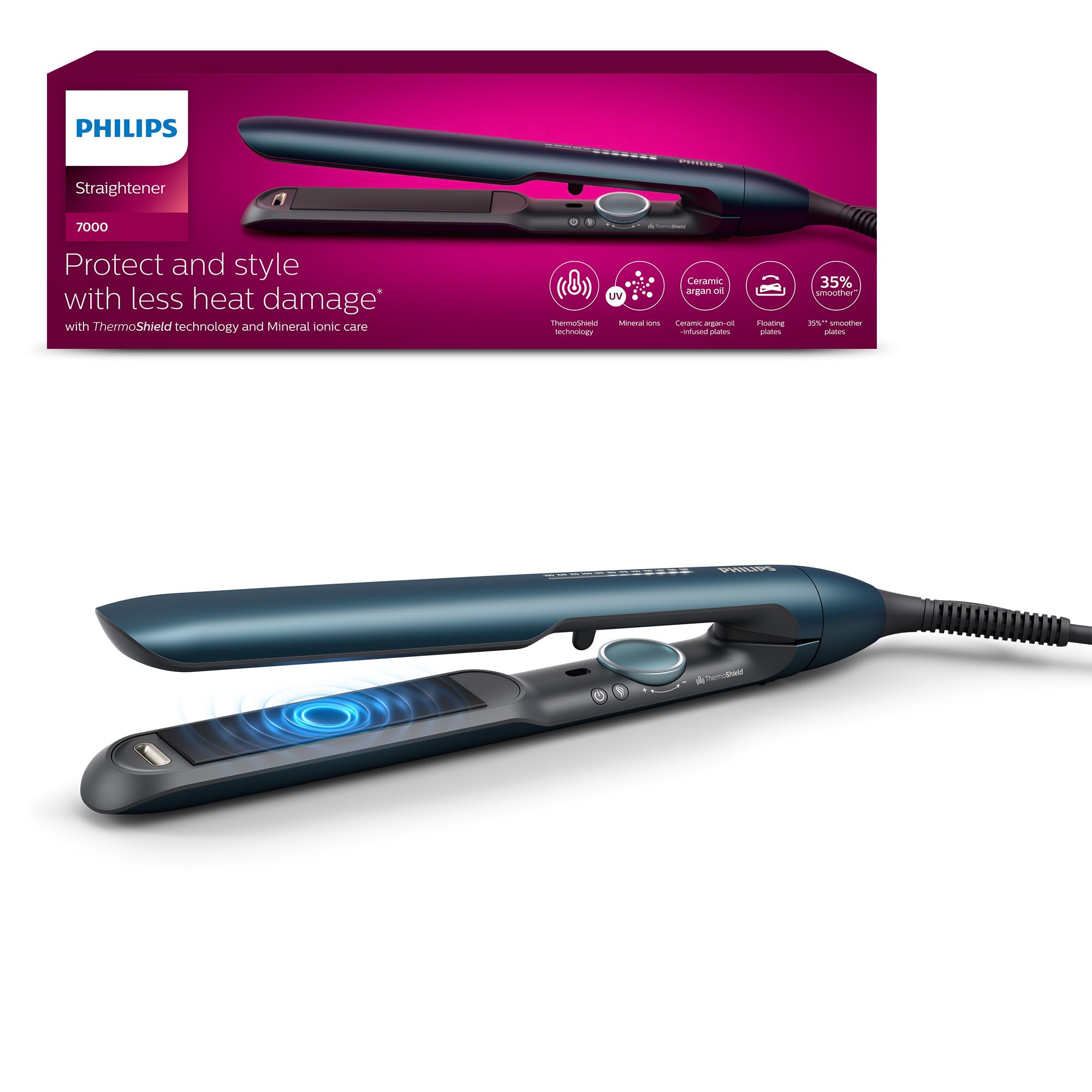 Philips 7000 Series - Lisseur, technologie ThermoShield, ionique, plaques avec revêtement céramique infusé à l'huile d'argan, bleu canard métallisé, modèle BHS732/00
