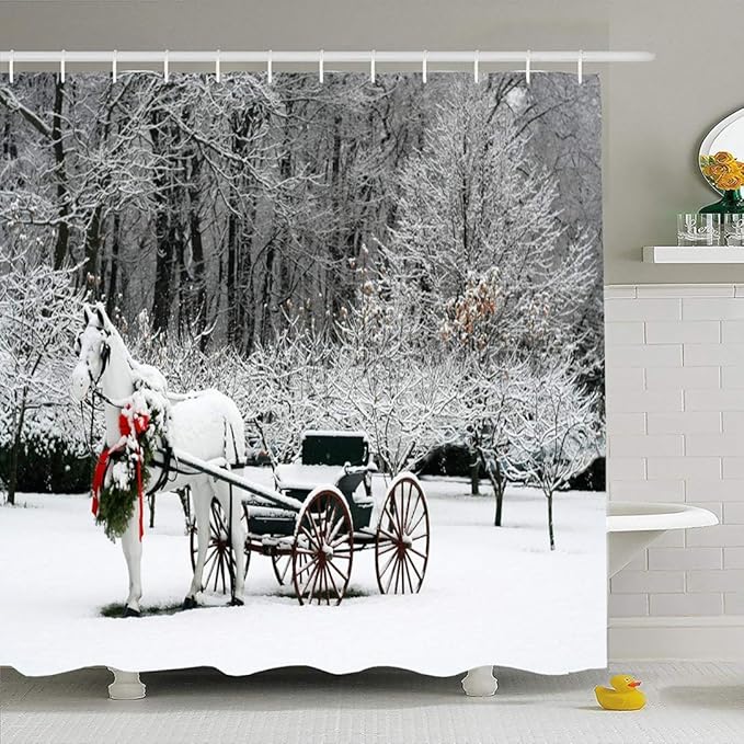 Shower Curtain For Bathroom 72x78 Festive Snow Holiday Winter Scene