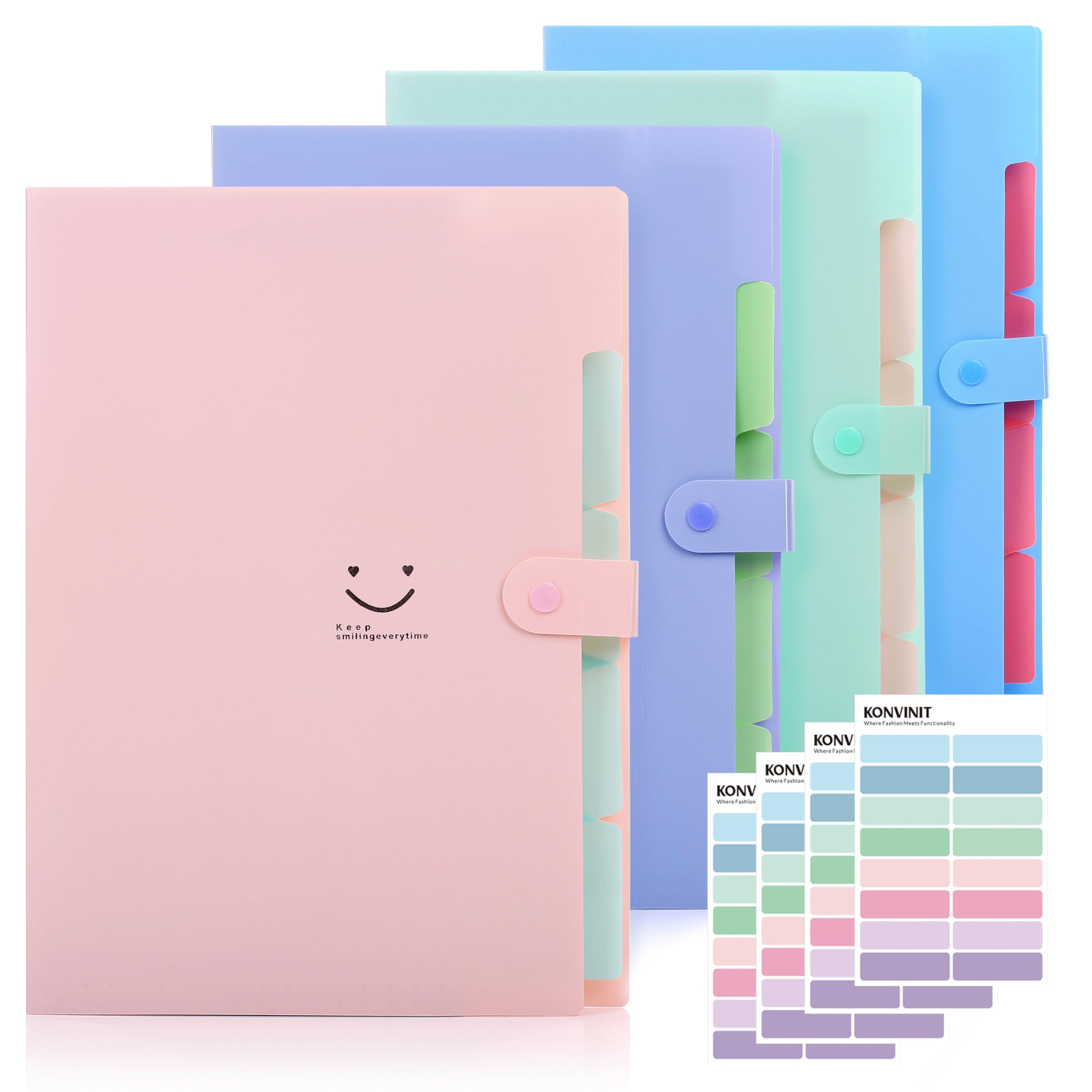 KONVINIT 4 Pack Expanding File Folder A4 File Organiser High Capacity Plastic Filing Folder with Colored Labels