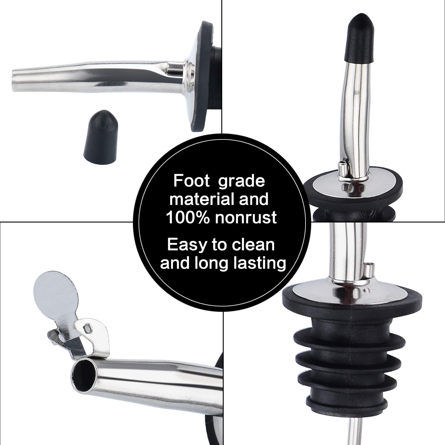 12 Pack Stainless Steel Classic Bottle Pourers Set, Liquor Pourers with Caps, Tapered Spout with Rubber Dust Caps and 1 Free Cleaning Tube Brush Oil Bottle Pourer