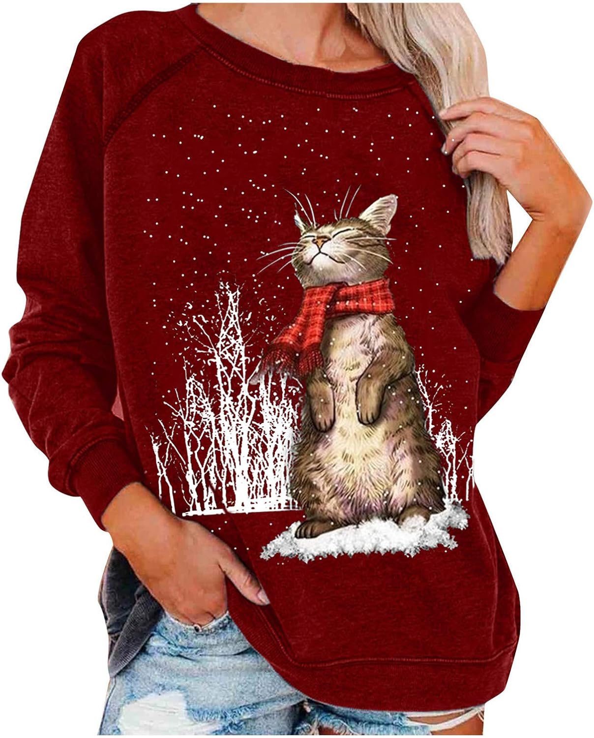 Women's Fashion Pullover Cute Cat Print Long Sleeves Slim Blouse Tops