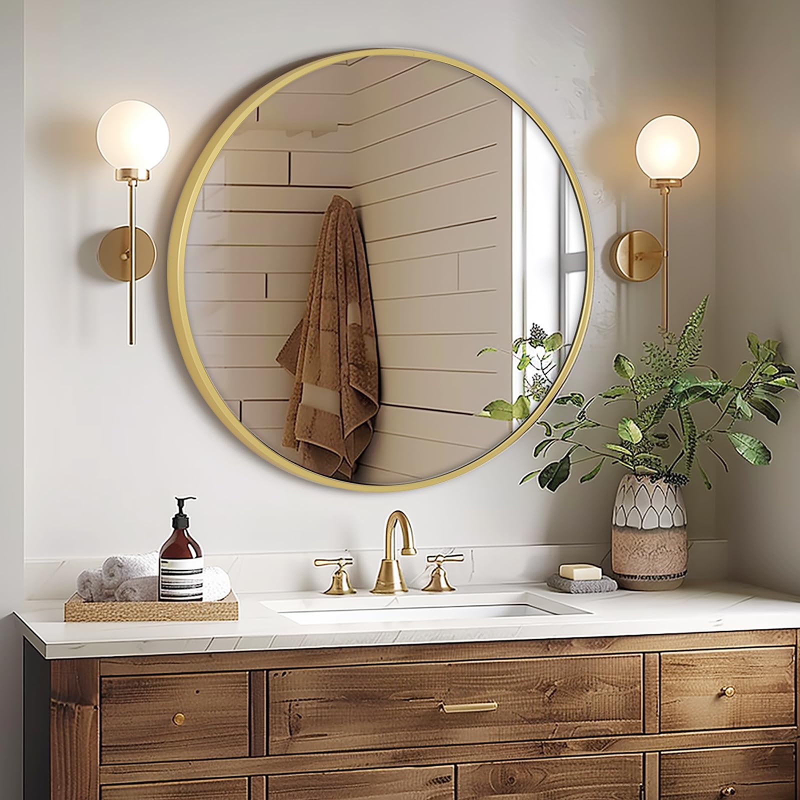 Melodieux Round Wall Mirror 50cm Gold Circle Hanging Wall Mirror Home Decorative Wall Mounted Vanity Mirror for Bathroom Living Room Hallway