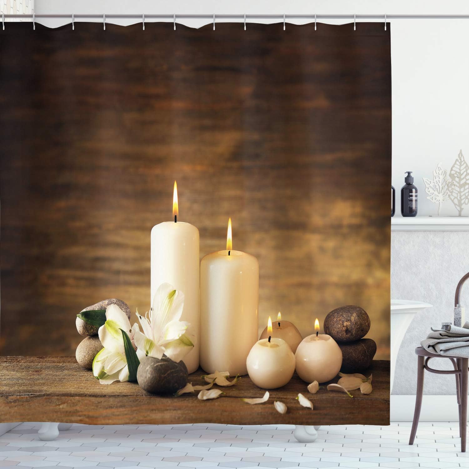 Amazon Com Ambesonne Spa Shower Curtain Winter Valentines Day Couples Themed Candle Flowers And Stones Image Print Cloth Fabric Bathroom Decor Set With Hooks 75 Long Caramel Cream Home Kitchen