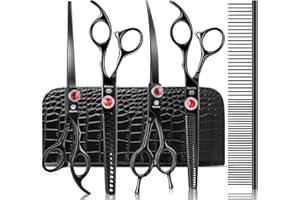 GLADOG 7 Inch Professional Dog Grooming Scissors Kit, Titanium Dog Scissors for Grooming, Heavy-Duty Dog Shears for Grooming, 6-in-1 Pet Grooming Scissors for Dogs, Cat Grooming Scissors (Black)