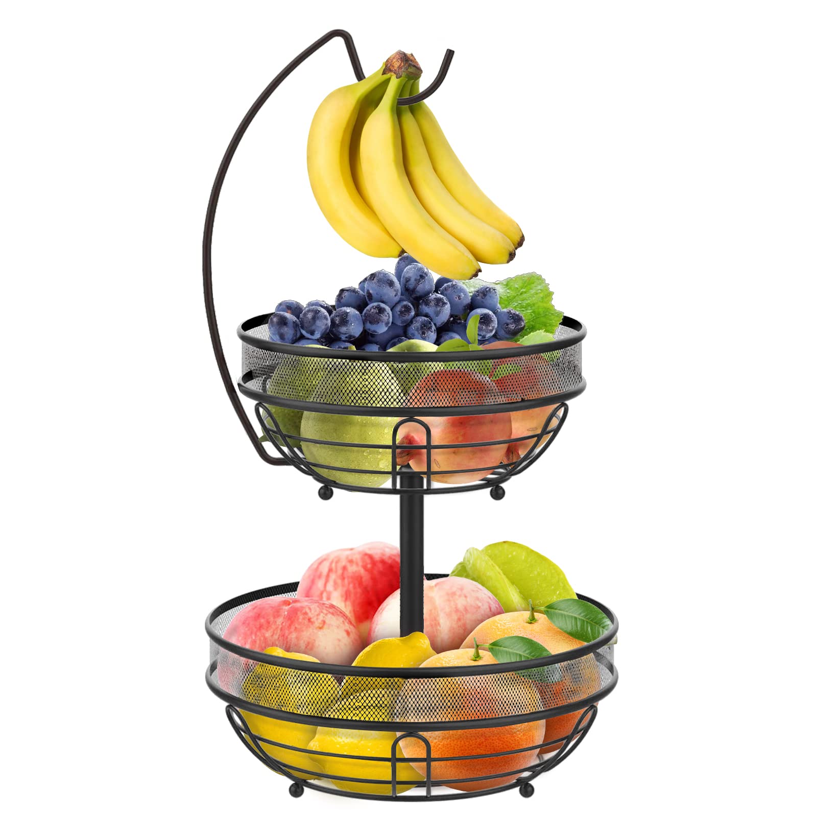 Mutool Fruit Basket, 2 Tier Fruit Bowl with Banana Hanger for Kitchen Counter, Metal Detachable Fruit Racks Storage Holder Keeps Fruits and Vegs Fresh (Black)