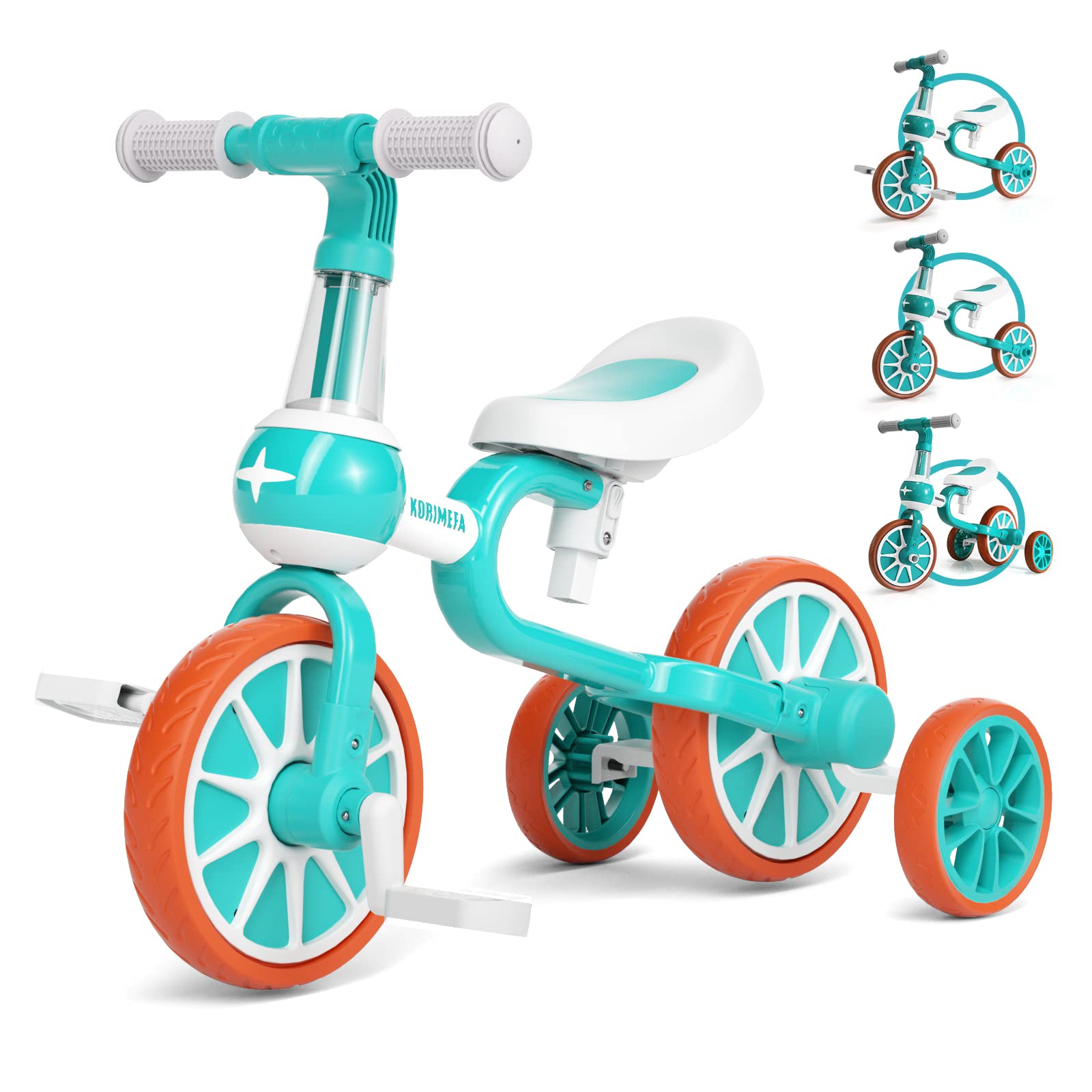 KORIMEFA Toddler Tricycle for 1-3 Years, 5 in 1 Kids Balance Bike Trike with Parent Steering Push Handle (Direction Control), Adjustable Seat, Removable Pedals, Baby Walker Bicycle for Boys Girls