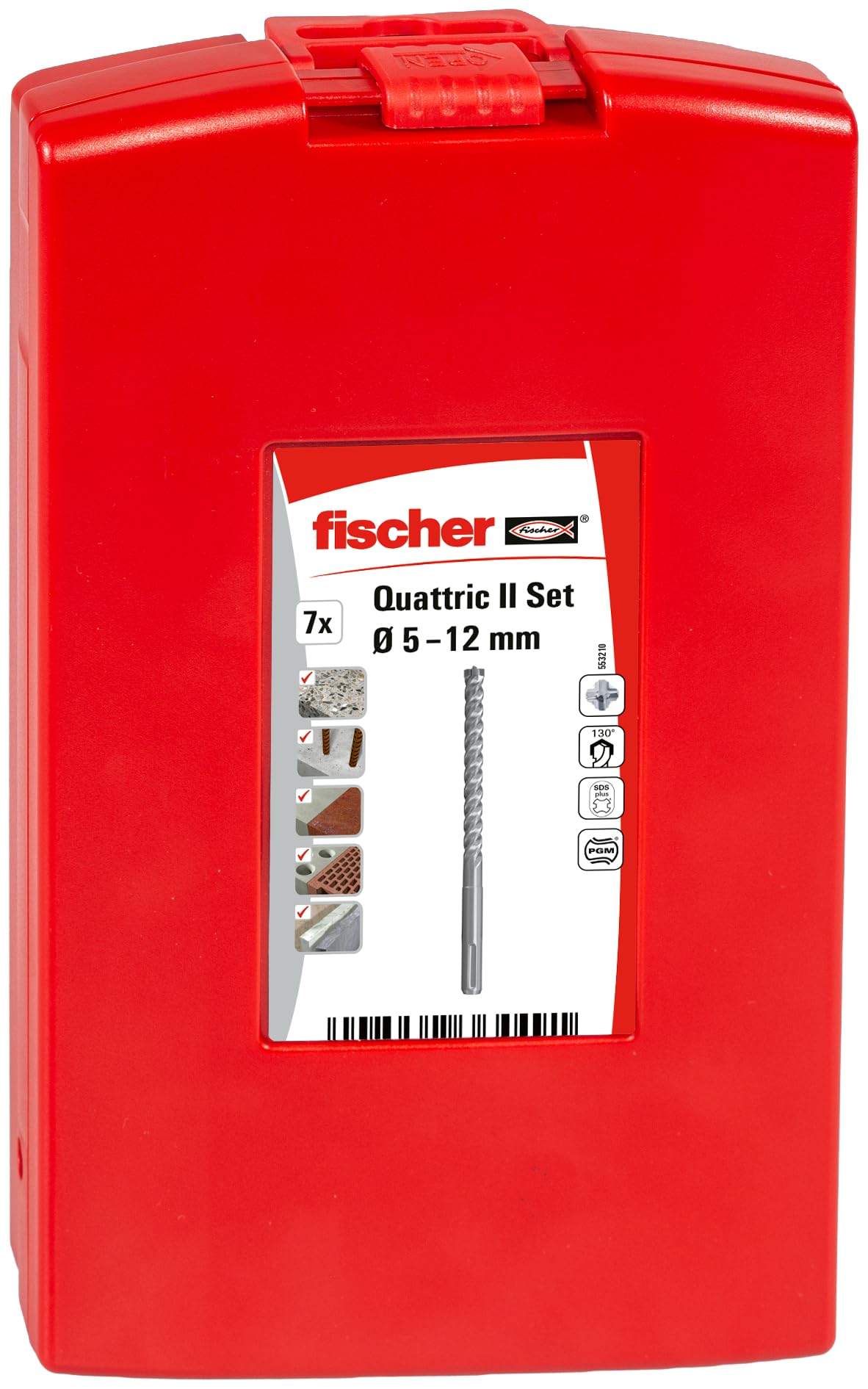 fischer Hammer Drill Bit Quattric II S Set, 5-12 mm Diameter, Drill Bits Set with Various Sizes, Tool for Drilling in Reinforced Concrete, Pack of 7 — image 1