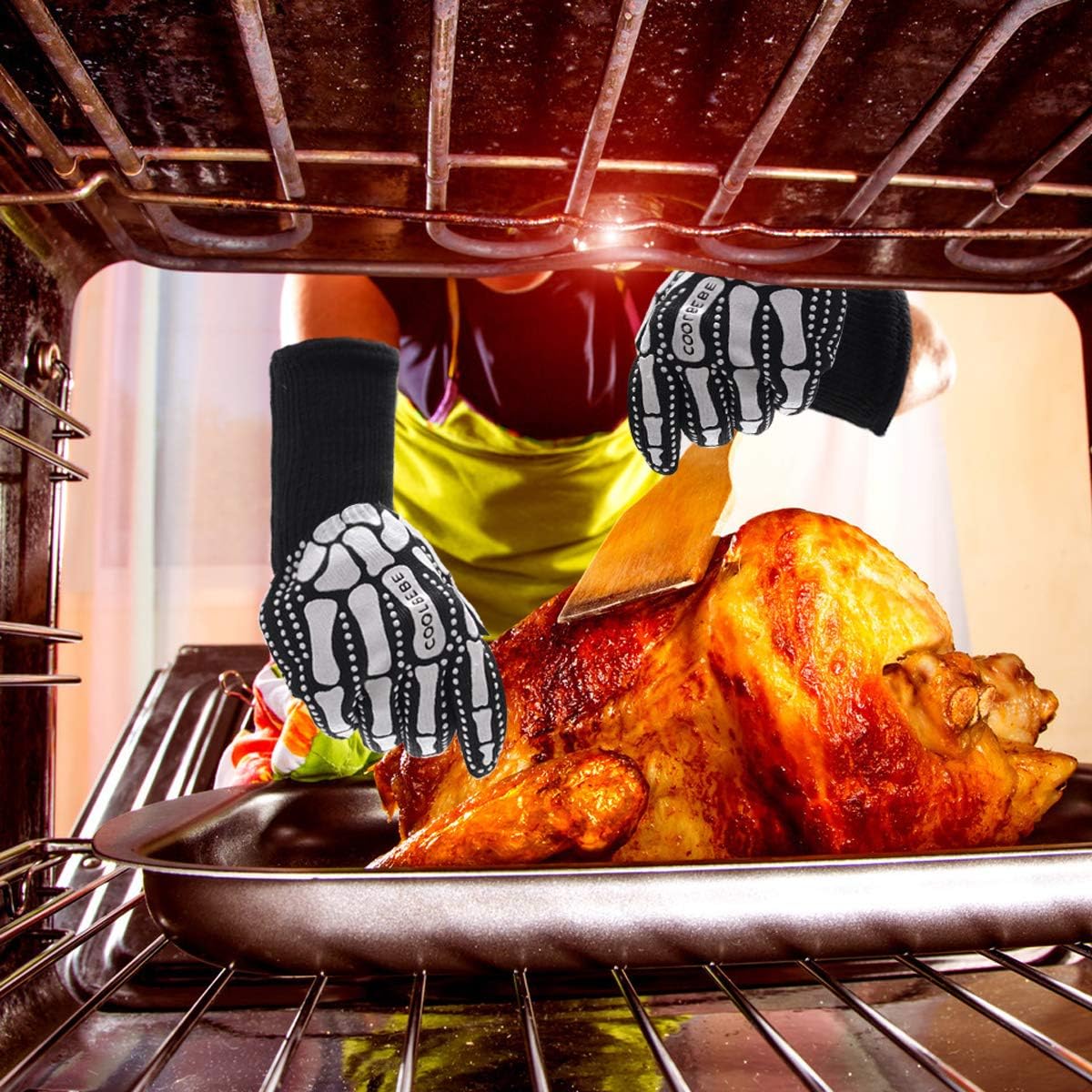 Black Skeleton BBQ Grill Gloves, COOLBEBE Unisex Cooking Oven Barbecue Gloves Kitchen Mitts with Skull Pattern - 1472°F Extreme Heat Resistant, Durable & Light Weight - 1 Pair : Garden & Outdoor