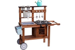 ROBOTIME Mud Kitchen for Kids Outdoor with Wheels, Fun Wooden Kid Kitchen Playset for Backyard Pretend Cooking, Outdoor Sink 