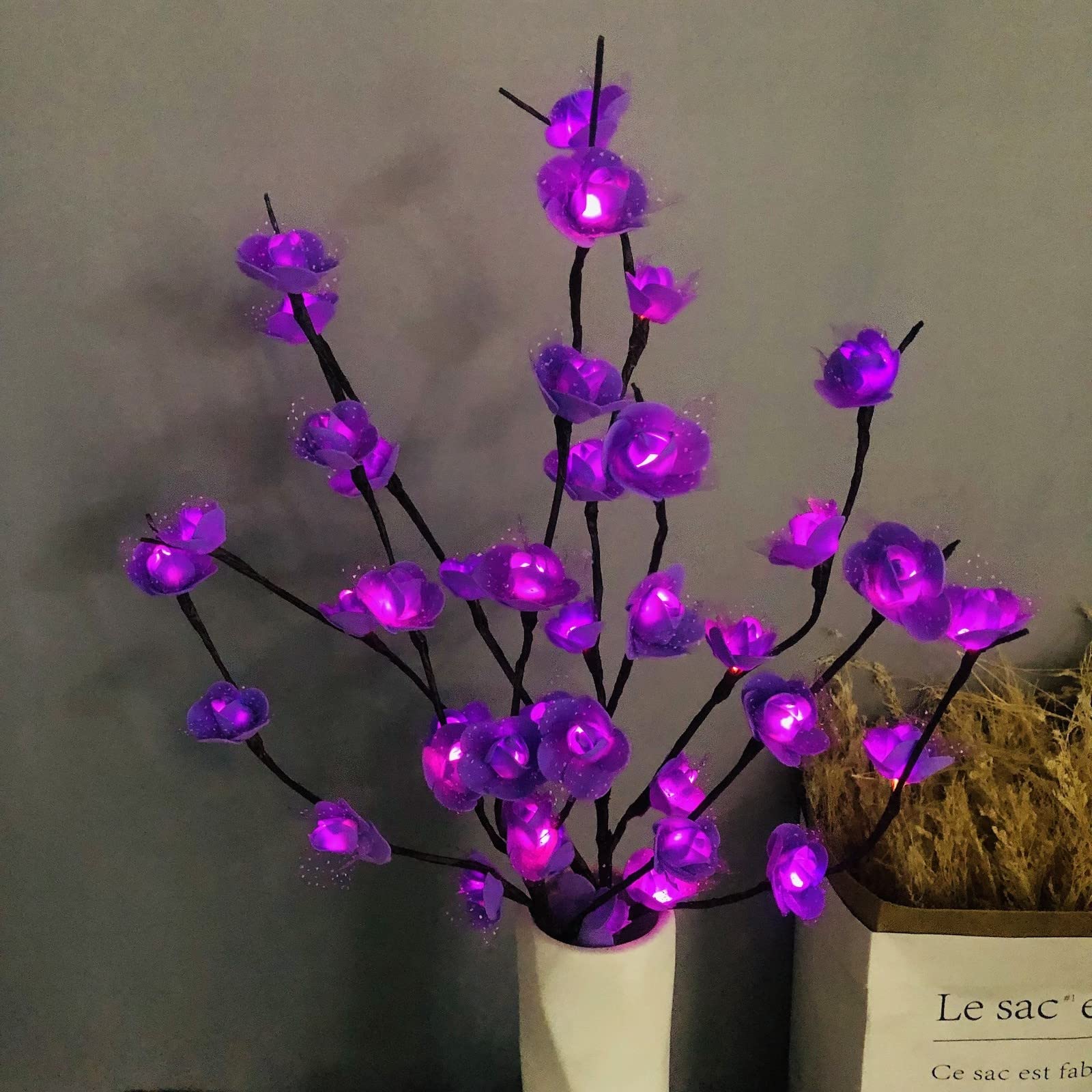 2 Pack Purple Rose LED Twig Lights Lighted Artificial Lace Rose Flower Tree Branch Lights Flexible Branch Decoration Light for Home Shop Windows Vase Table Room Wedding Christmas (Purple Rose)