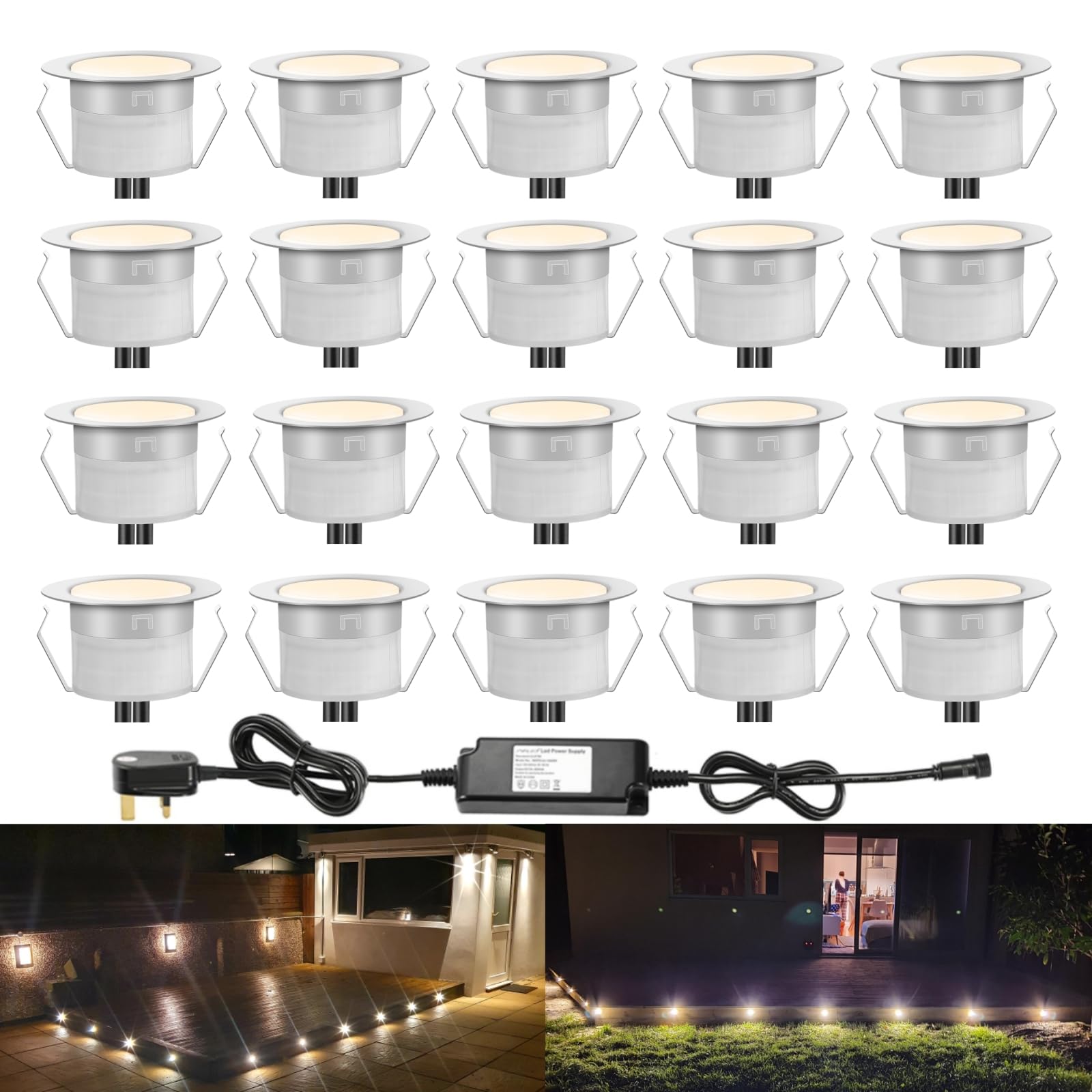 INDARUN Warm White Led Decking Lights Waterproof IP67 1W Ø45MM - Lighting for Terrace/Patio/Path/Wall/Garden/Decoration, 20 Packs