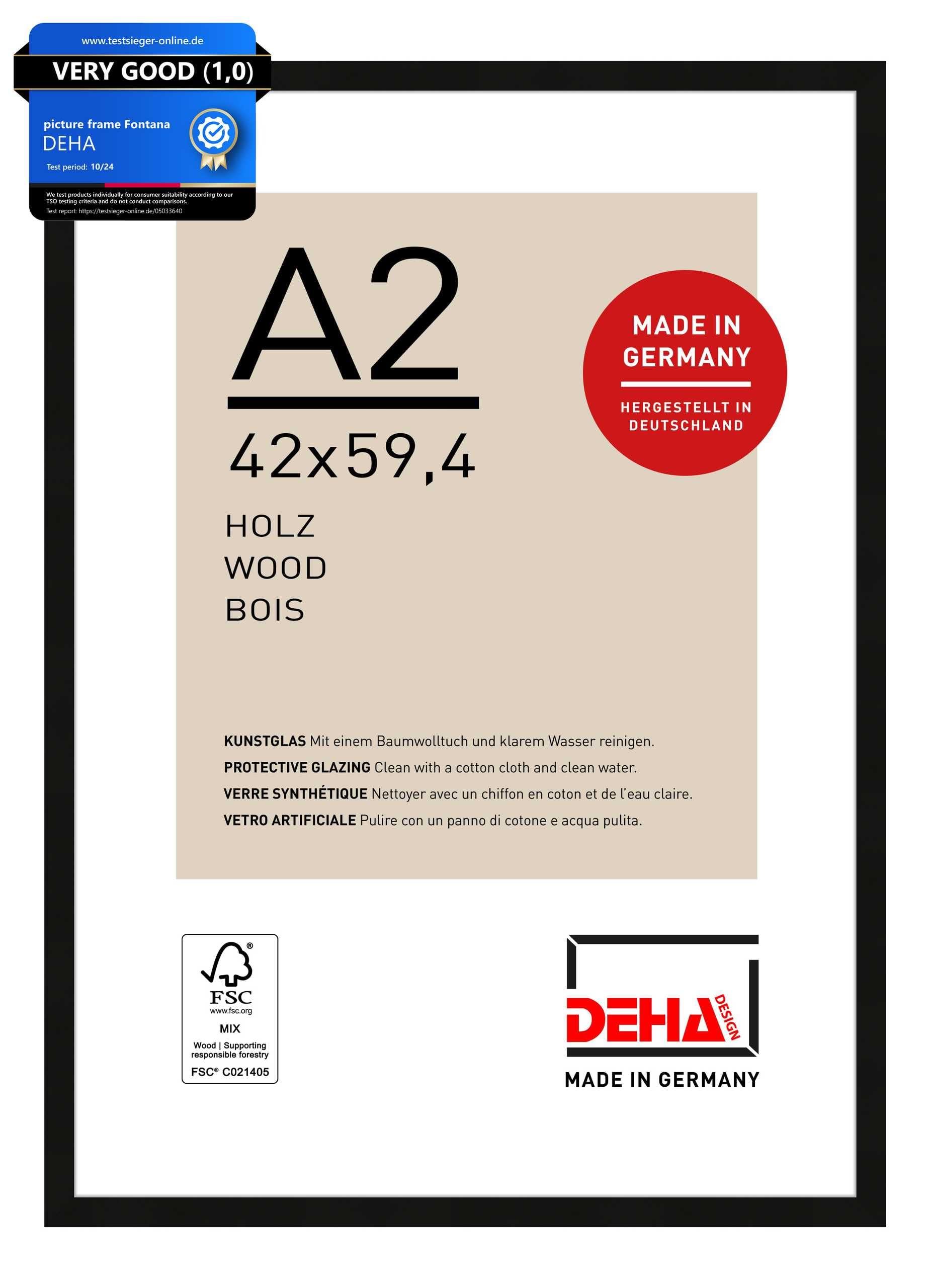 DEHA Design Fontana Wooden Picture Frame - A2 (42x59.4 cm) – Black - with Synthetic Glass and Push/Turn Clips