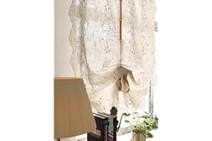 A.Monamour Cotton Linen Semi Transparent Floral Embroidered Fabric Balloon Curtain Window Roman Shades Window Treatment Tie Up Curtain Farmhouse Adjustable Tie Tieup, Rod Pocket/Pinch Pleat, 1 Piece