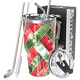 Pandaria 30 oz Tumbler with Lid and Straw | Double Wall Vacuum Insulated Stainless Steel Water Tumbler | Leak Proof Travel Cup Coffee Mug Perfect for Cold or Hot Drinks | Silk Ribbon Christmas Tumbler